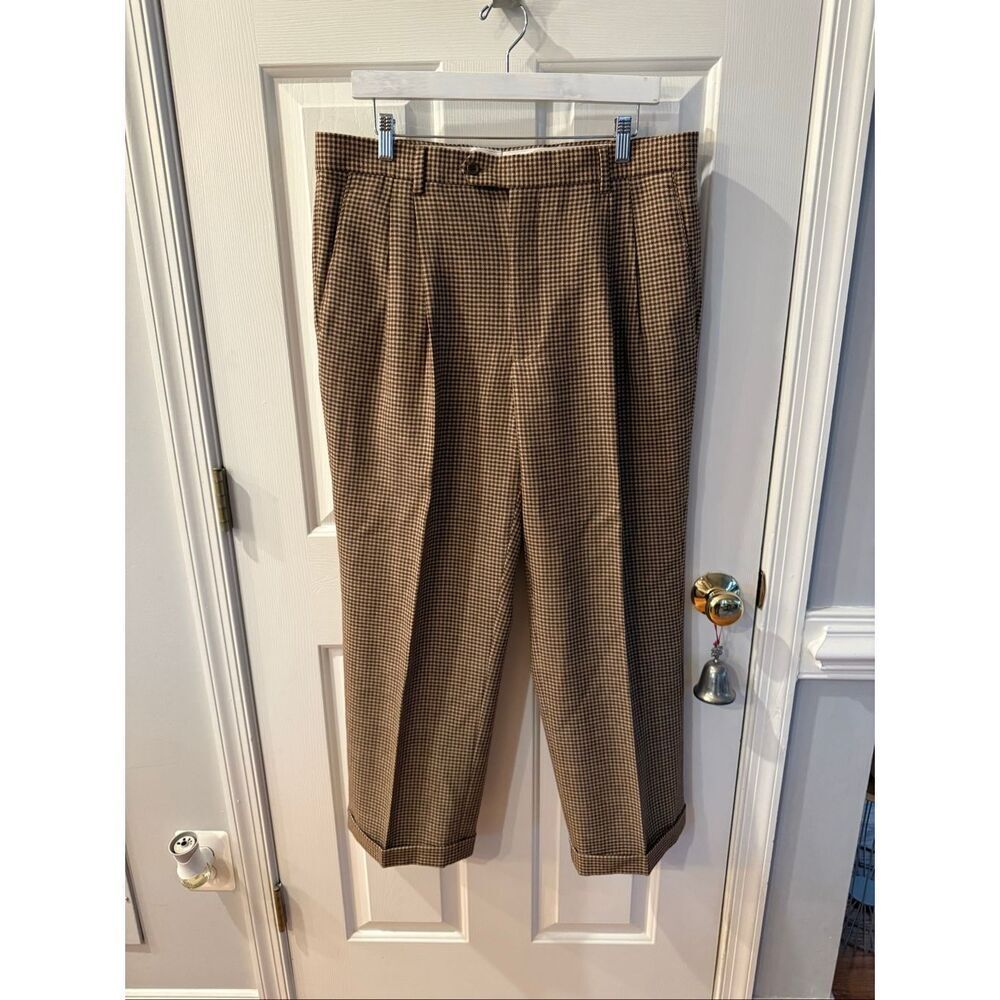 Paul Fredrick Brown & Tan Checked Cuffed Wool Straight Leg Pants sz 36/28 NWOT